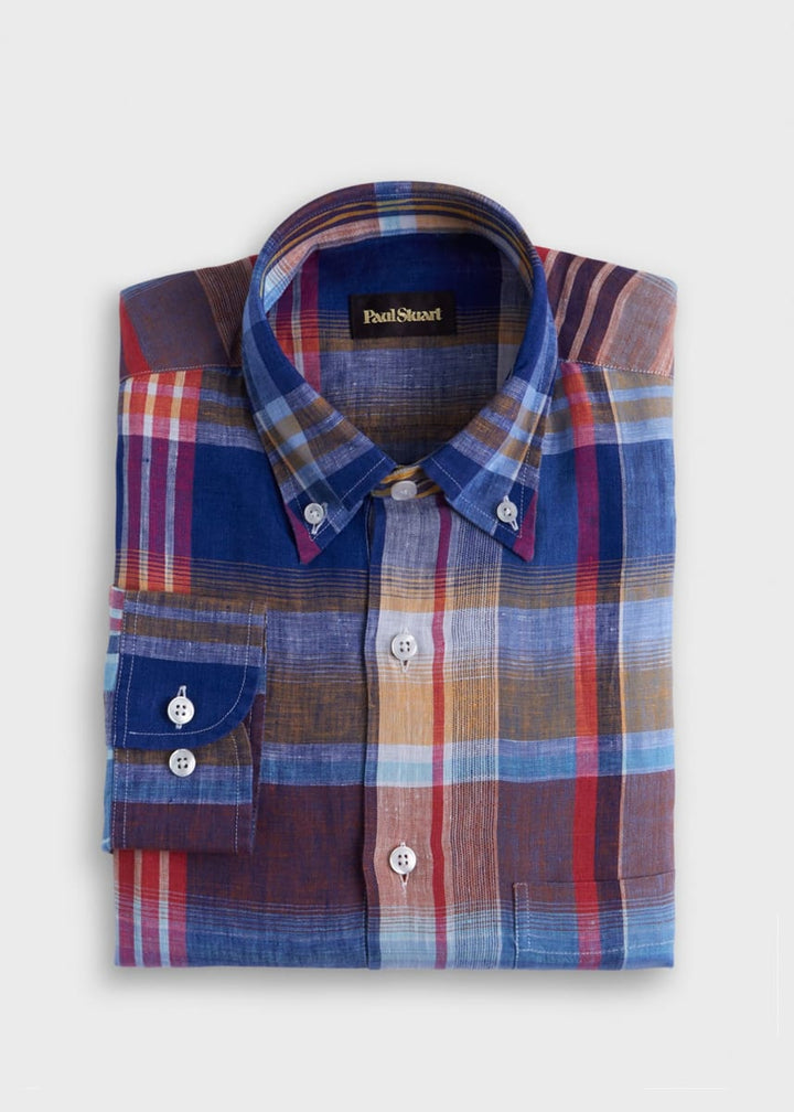Linen Plaid Sport Shirt - Blue/Pink