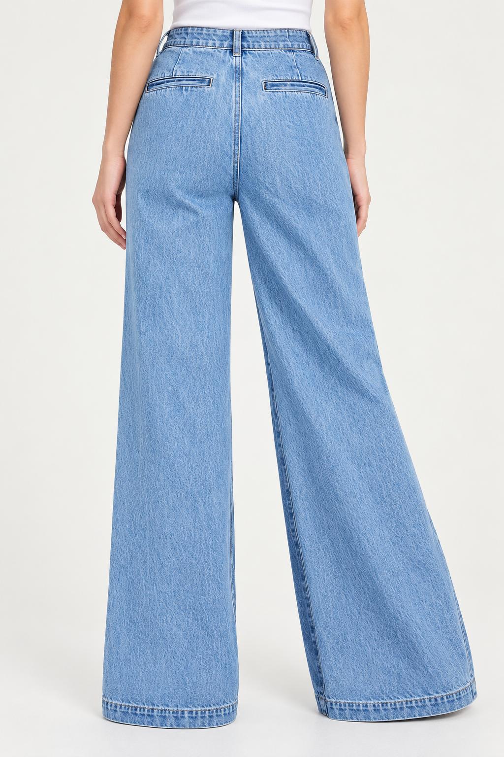 Two-Toned Wide Leg Denim With Slits - Medium Blue