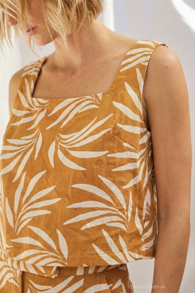 Olive Leaf Square Neck Tank - Tobacco/Cream - Tank Top