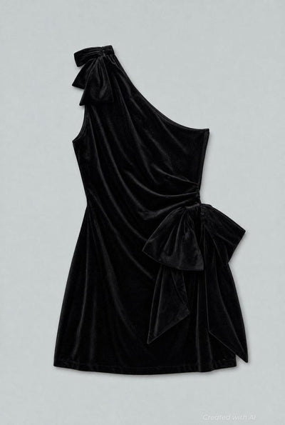 One Shoulder Bow Mini Dress - Black - Dresses