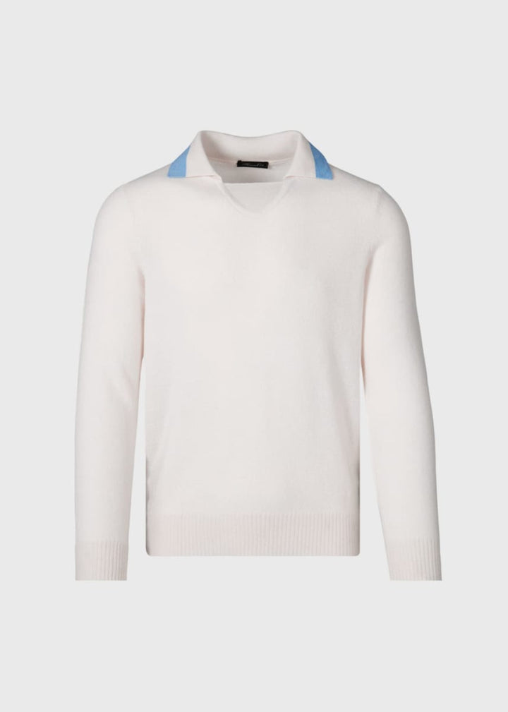 Open Collar Cashmere Sweater - White/Light Blue - XXL (46) - Sweater