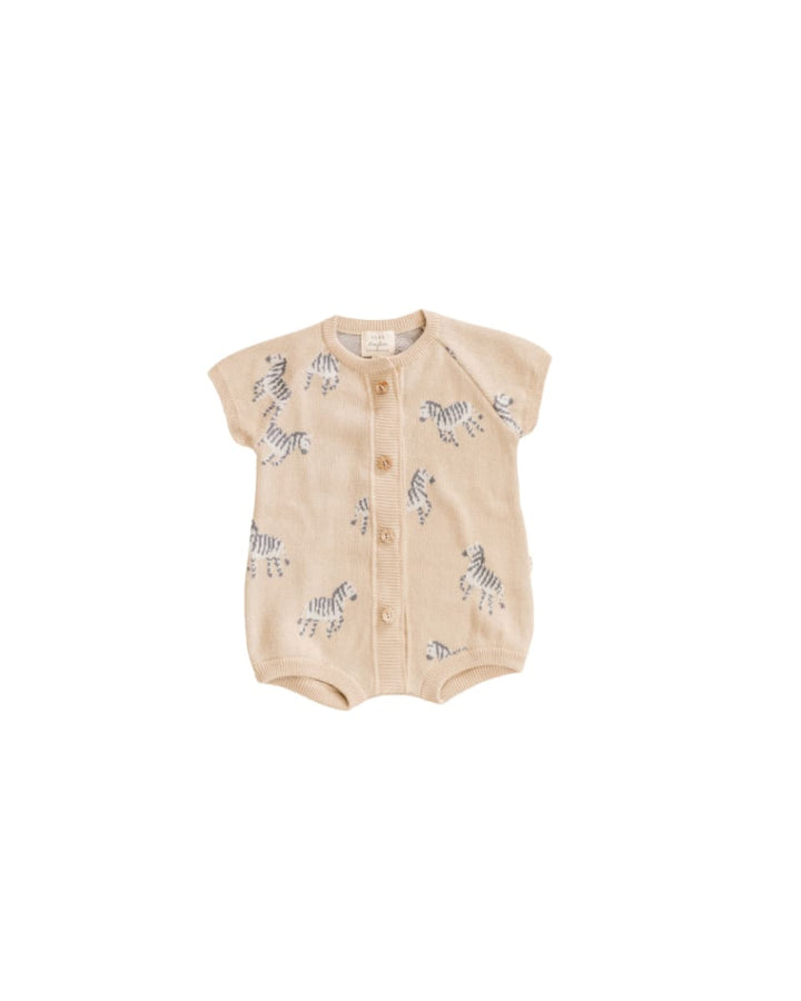 Organic Cotton Knit Jacquard Playsuit in Zebra - Mushroom - Romper