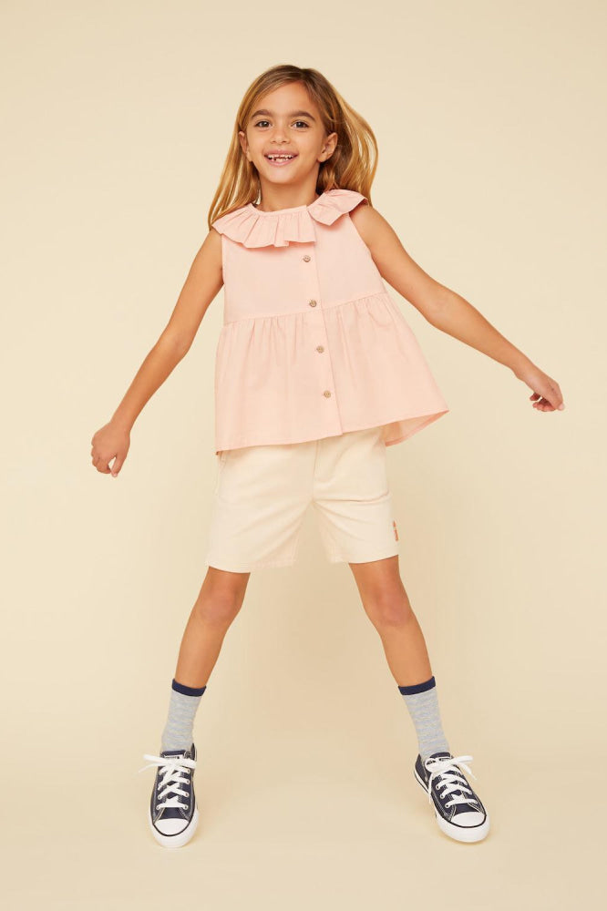 Organic Cotton Ruffle Neck Blouse - Coral Pink - Blouse
