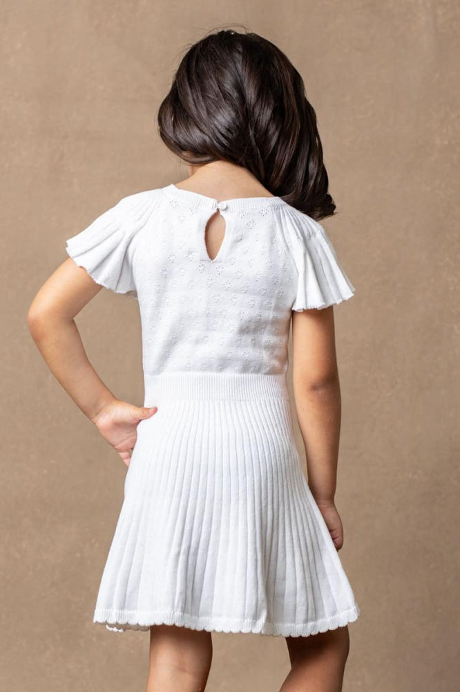 Organic Flutter Sleeve Sweater Dress - White Diamond Pointelle - Dresses