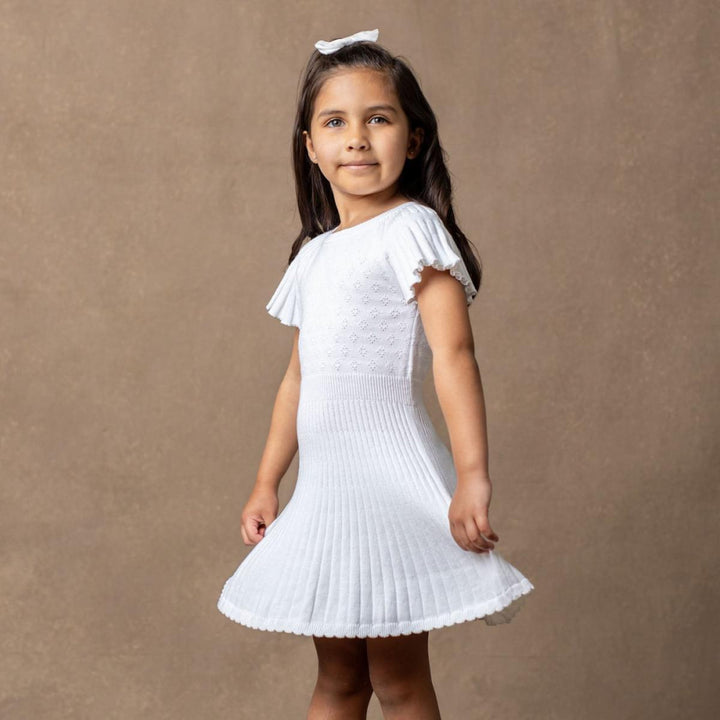 Organic Flutter Sleeve Sweater Dress - White Diamond Pointelle - Dresses