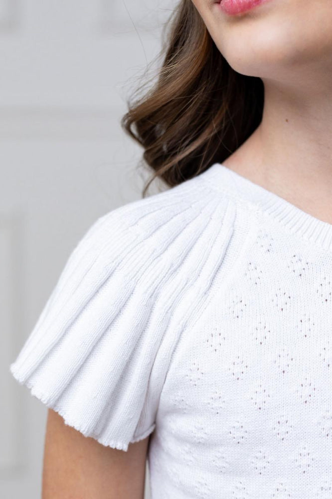 Organic Flutter Sleeve Sweater Dress - White Diamond Pointelle - Dresses