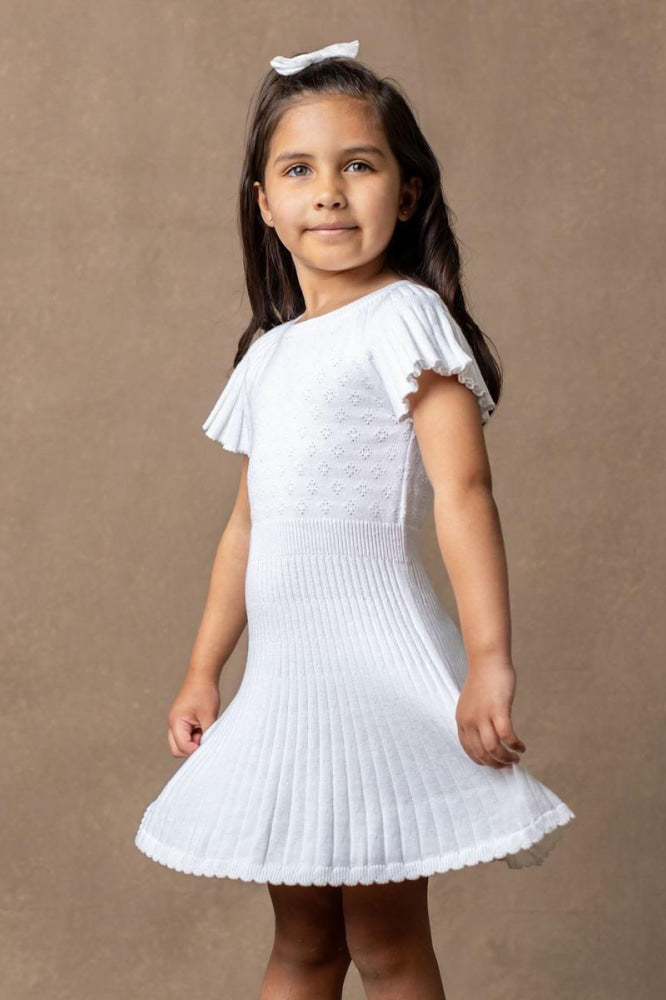 Organic Flutter Sleeve Sweater Dress - White Diamond Pointelle - Dresses