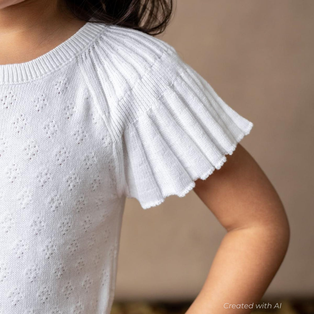 Organic Flutter Sleeve Sweater Dress - White Diamond Pointelle - Dresses