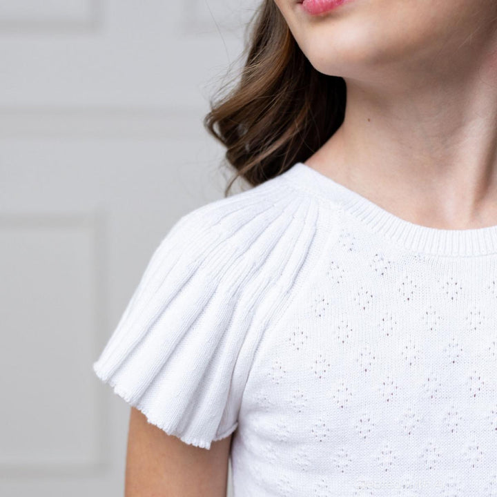Organic Flutter Sleeve Sweater Dress - White Diamond Pointelle - Dresses