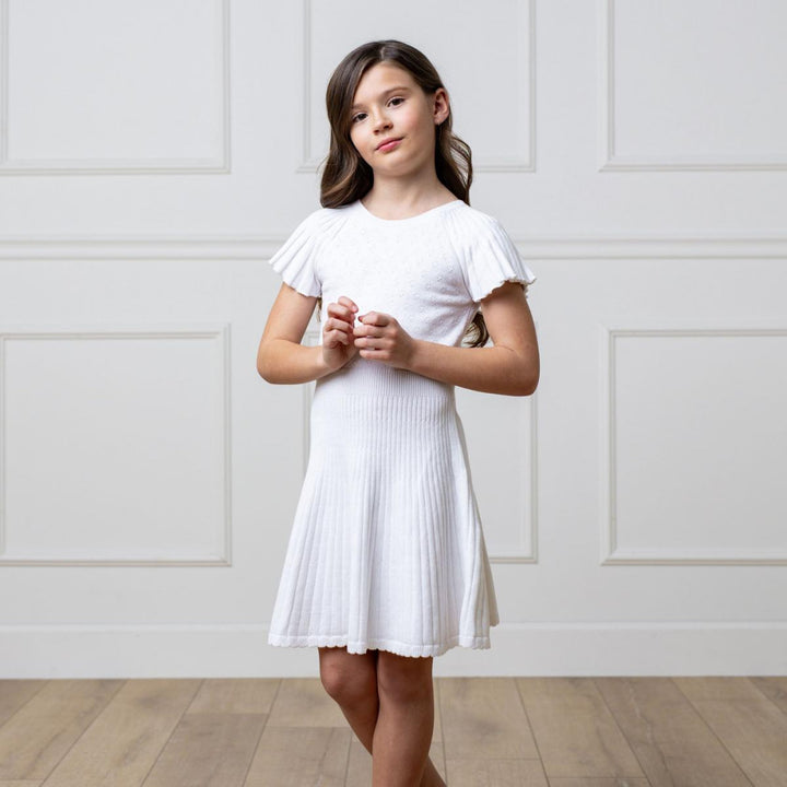 Organic Flutter Sleeve Sweater Dress - White Diamond Pointelle - Dresses