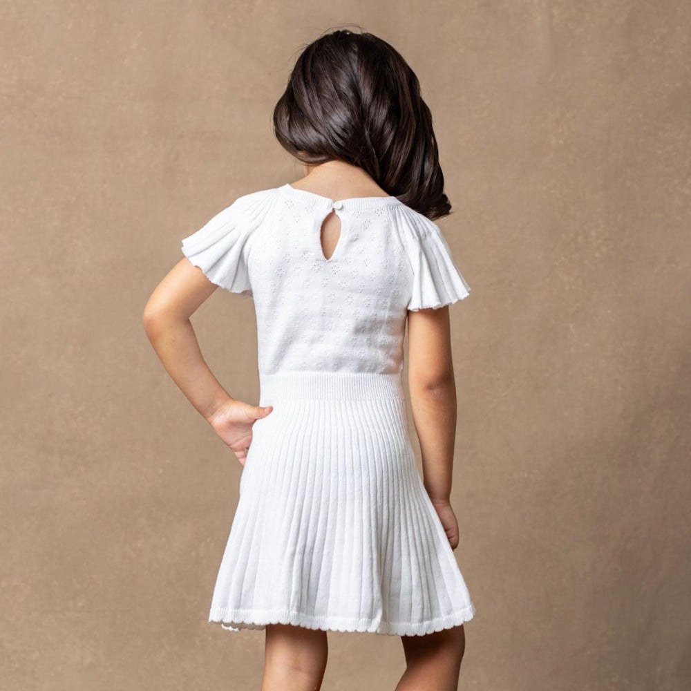 Organic Flutter Sleeve Sweater Dress - White Diamond Pointelle - Dresses