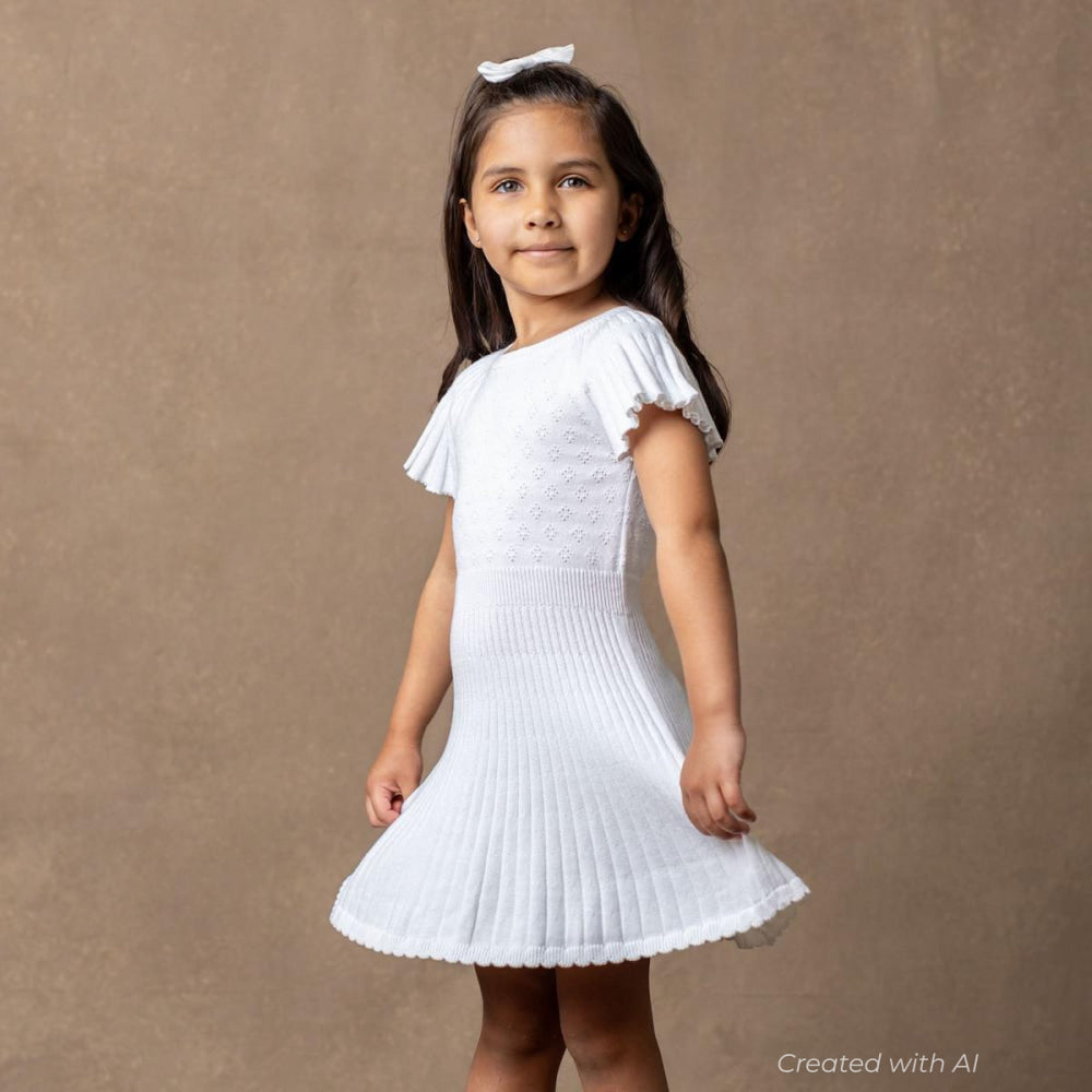Organic Flutter Sleeve Sweater Dress - White Diamond Pointelle - Dresses