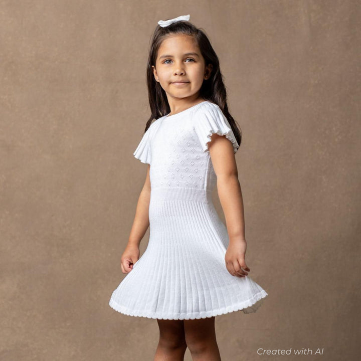 Organic Flutter Sleeve Sweater Dress - White Diamond Pointelle - Dresses