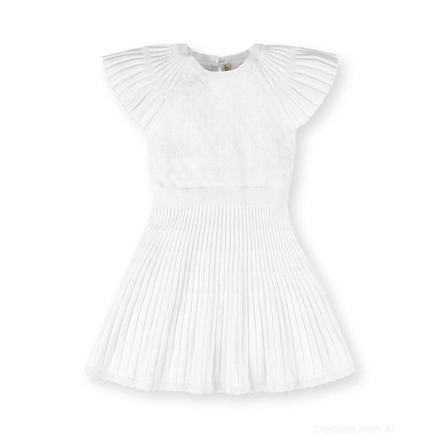 Organic Flutter Sleeve Sweater Dress - White Diamond Pointelle - Dresses