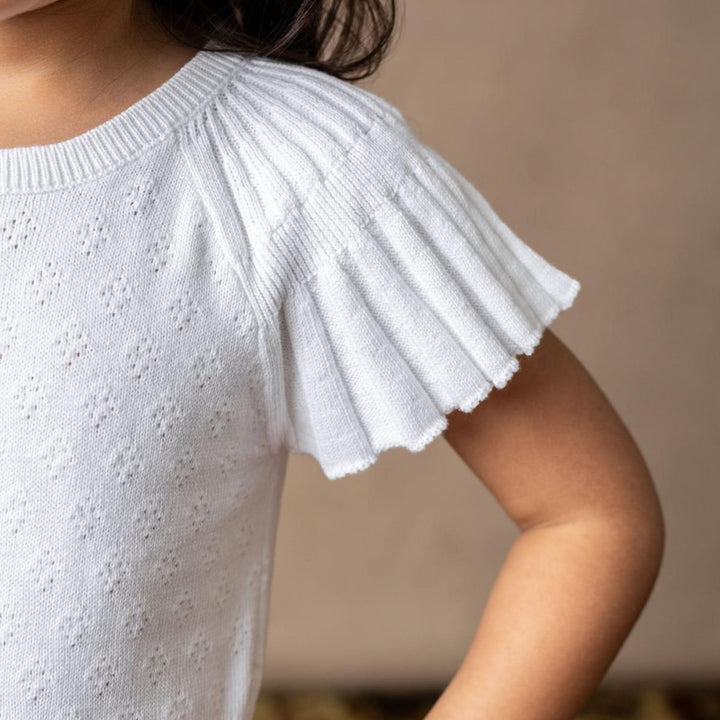 Organic Flutter Sleeve Sweater Dress - White Diamond Pointelle - Dresses
