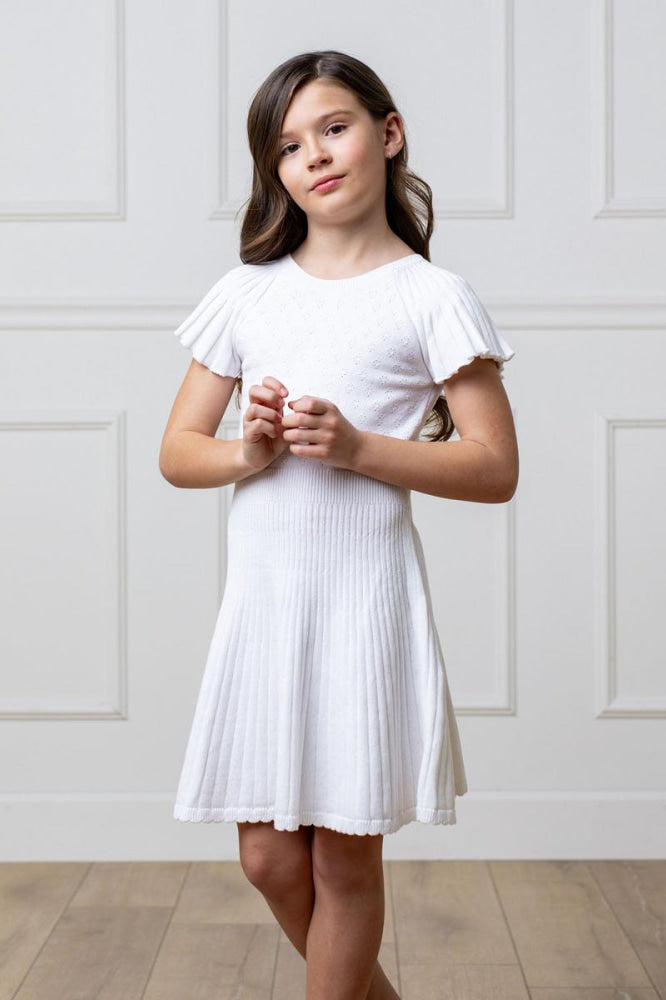 Organic Flutter Sleeve Sweater Dress - White Diamond Pointelle - Dresses