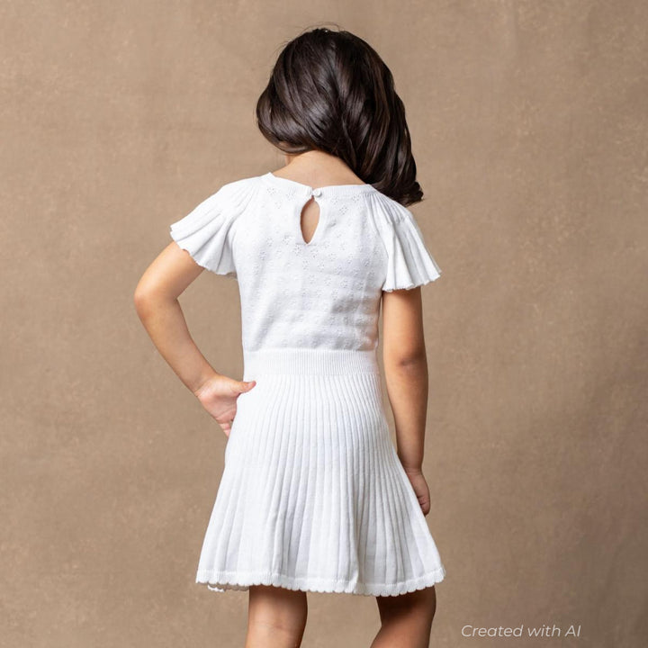 Organic Flutter Sleeve Sweater Dress - White Diamond Pointelle - Dresses