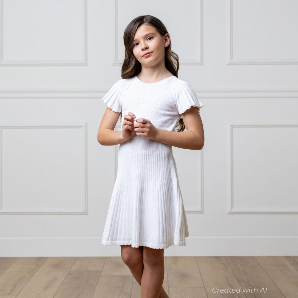Organic Flutter Sleeve Sweater Dress - White Diamond Pointelle - Dresses