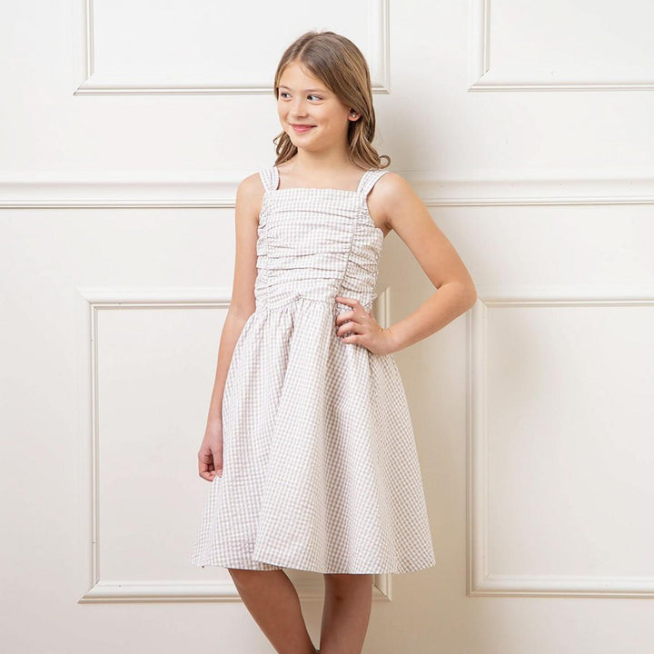 Organic Ruched Bodice Party Dress - Taupe Gingham Seersucker - Dresses