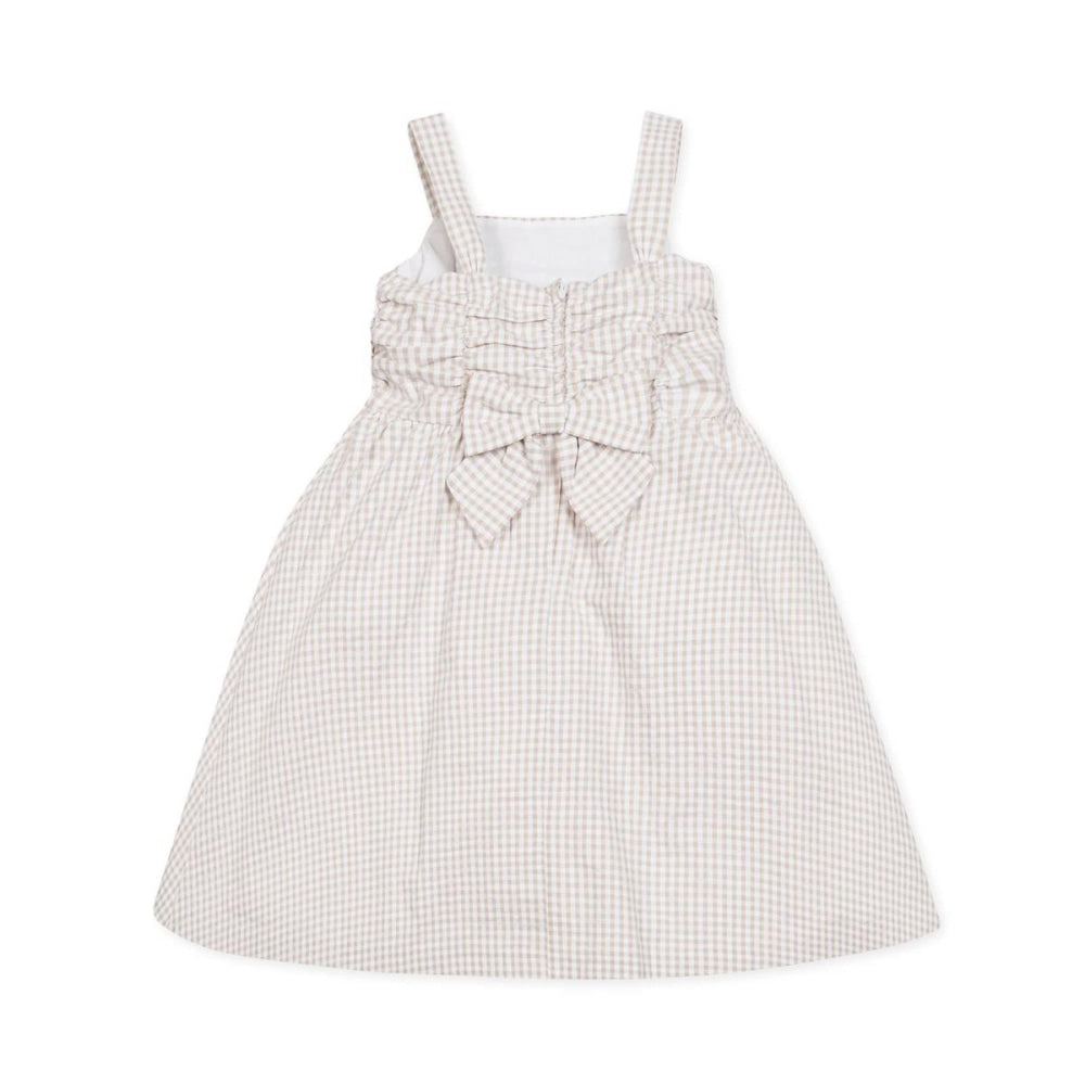 Organic Ruched Bodice Party Dress - Taupe Gingham Seersucker - Dresses