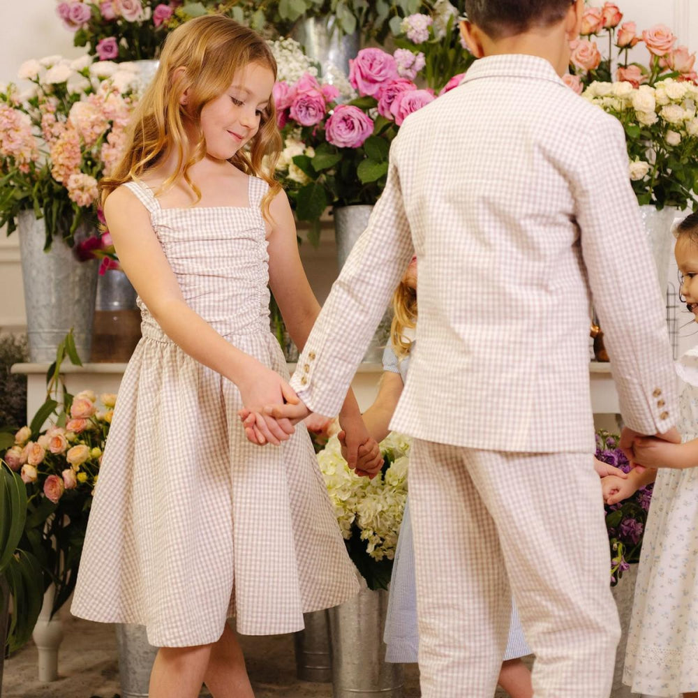 Organic Ruched Bodice Party Dress - Taupe Gingham Seersucker - Dresses