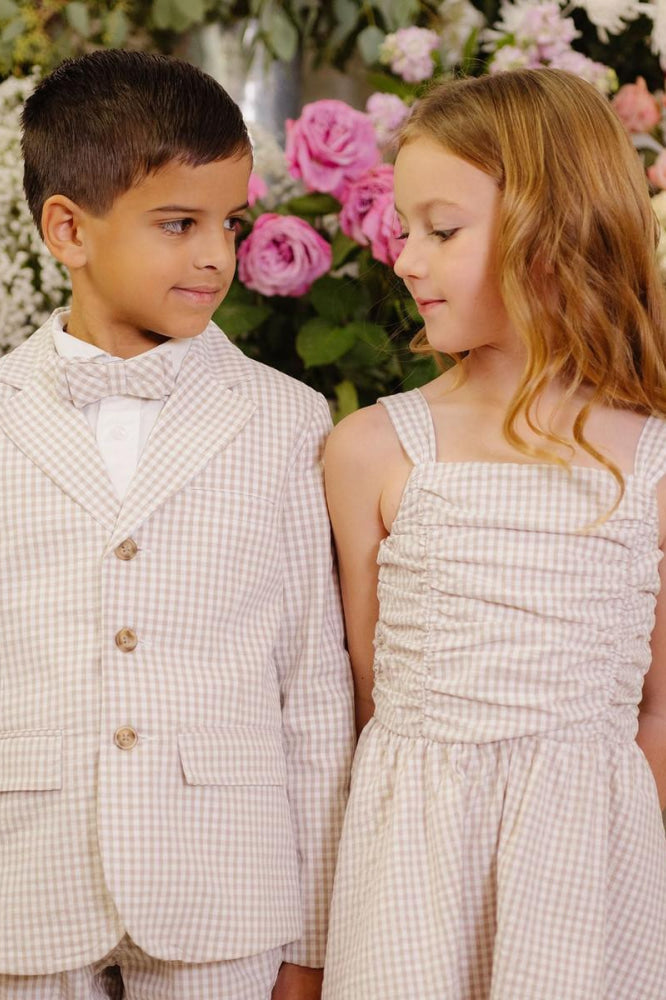 Organic Ruched Bodice Party Dress - Taupe Gingham Seersucker - Dresses