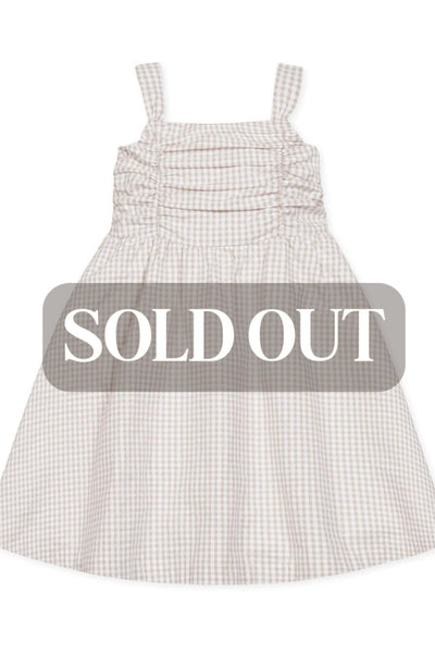 Organic Ruched Bodice Party Dress - Taupe Gingham Seersucker - Dresses