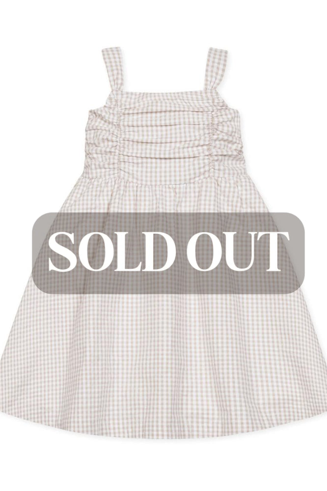 Organic Ruched Bodice Party Dress - Taupe Gingham Seersucker - Dresses