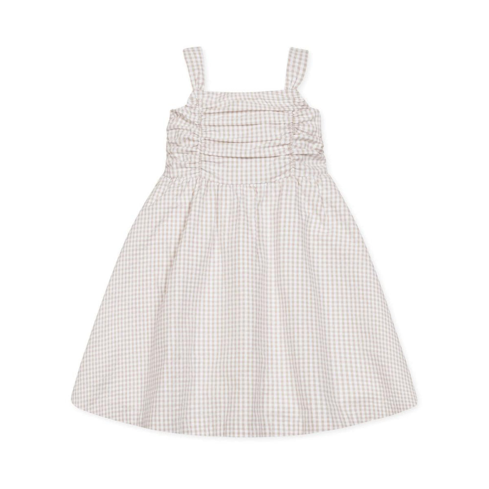 Organic Ruched Bodice Party Dress - Taupe Gingham Seersucker - Dresses