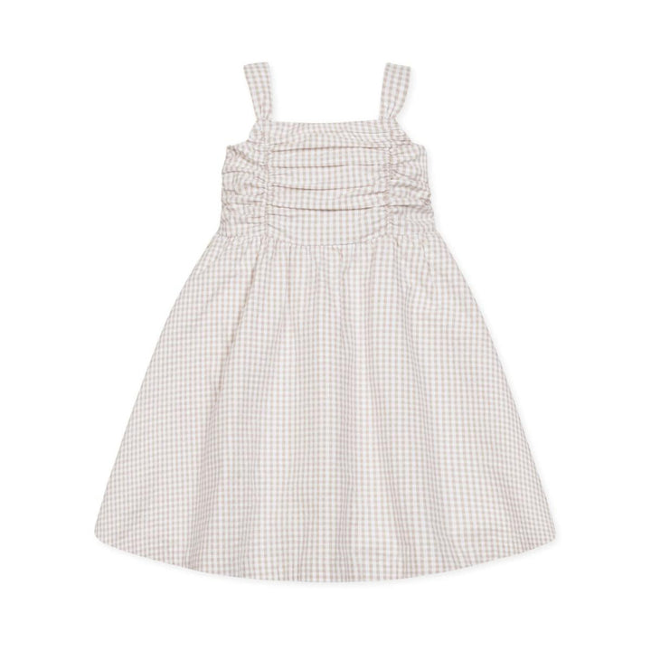 Organic Ruched Bodice Party Dress - Taupe Gingham Seersucker - Dresses