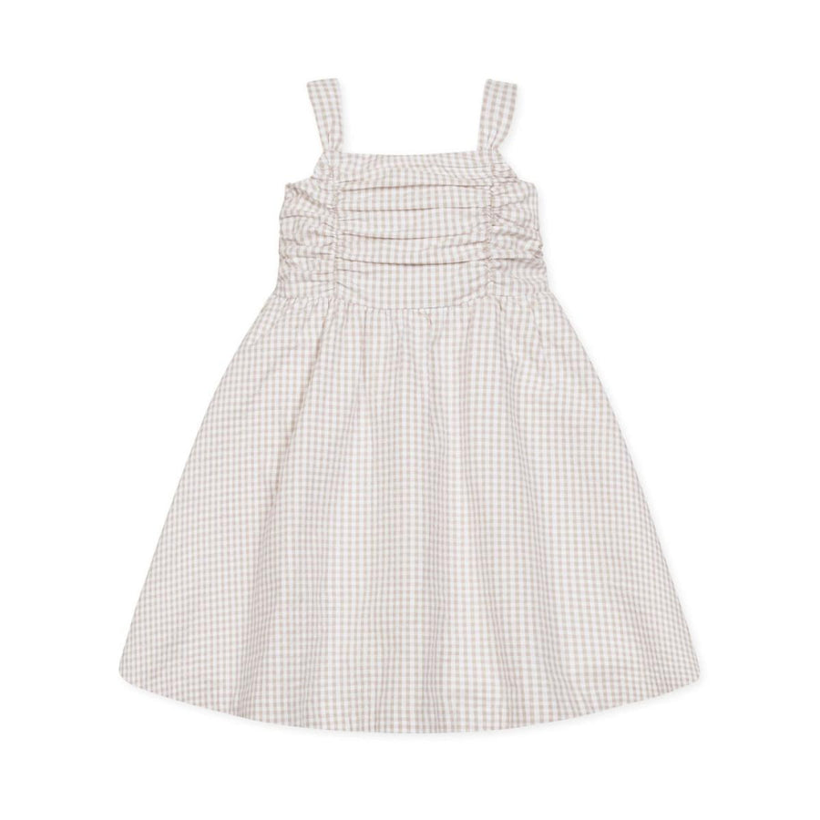 Organic Ruched Bodice Party Dress - Taupe Gingham Seersucker - Dresses