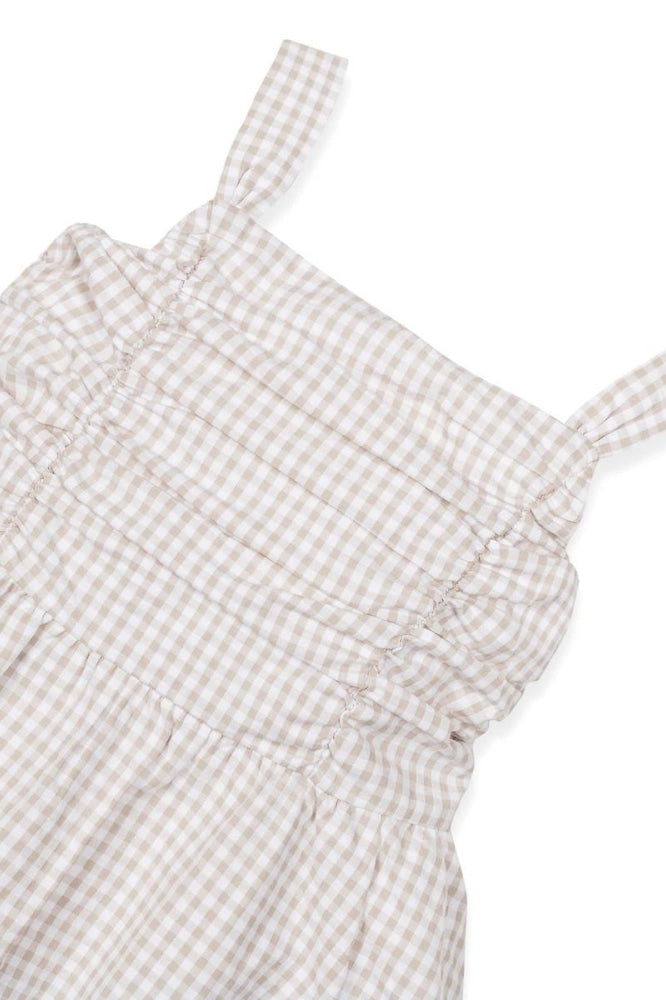 Organic Ruched Bodice Party Dress - Taupe Gingham Seersucker - Dresses