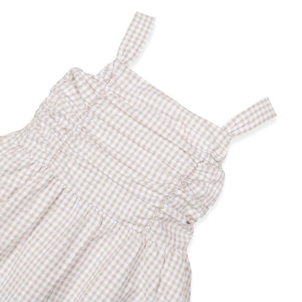 Organic Ruched Bodice Party Dress - Taupe Gingham Seersucker - Dresses