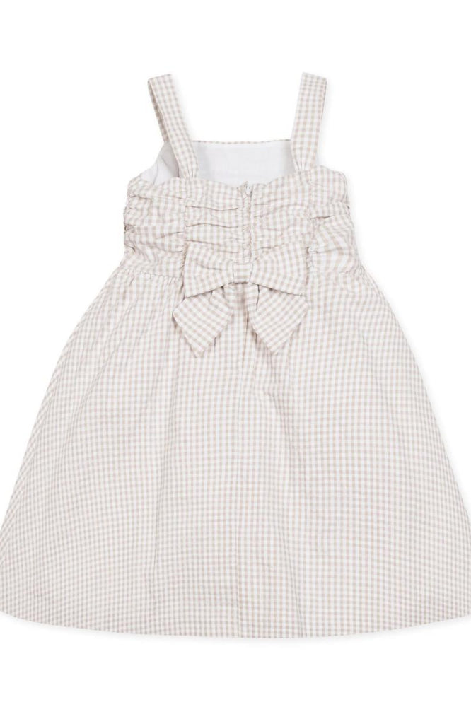Organic Ruched Bodice Party Dress - Taupe Gingham Seersucker - Dresses