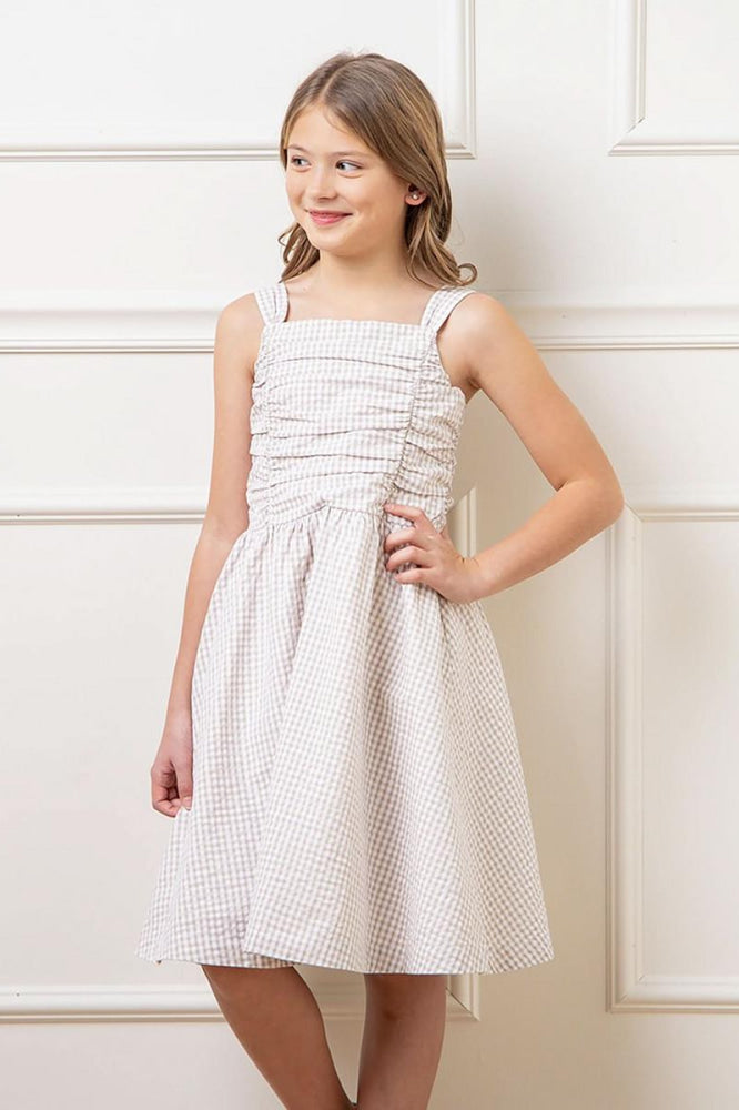 Organic Ruched Bodice Party Dress - Taupe Gingham Seersucker - Dresses