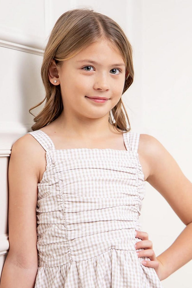 Organic Ruched Bodice Party Dress - Taupe Gingham Seersucker - Dresses