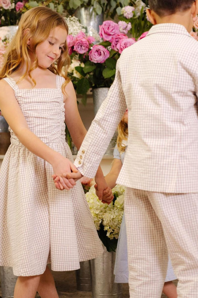 Organic Ruched Bodice Party Dress - Taupe Gingham Seersucker - Dresses
