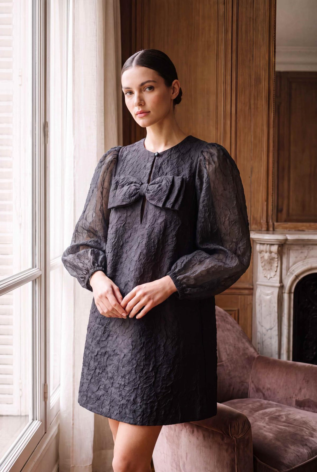 Organza Bow Mini Dress - Black - Dresses