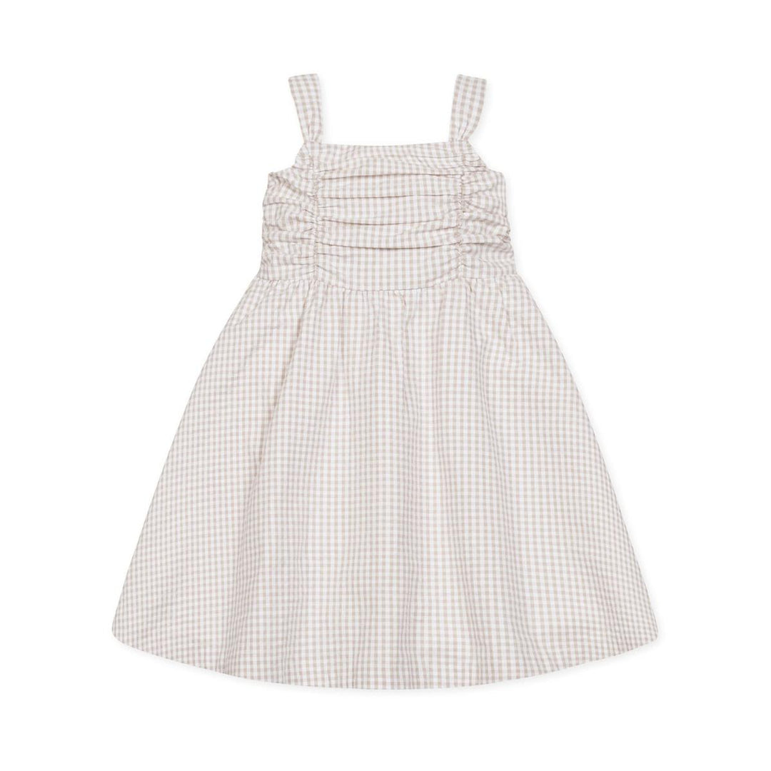 Organic Ruched Bodice Party Dress - Taupe Gingham Seersucker