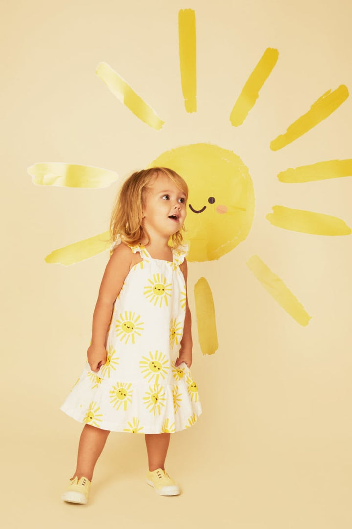 Linen Baby Ruffle Sun Dress - Natural/Yellow