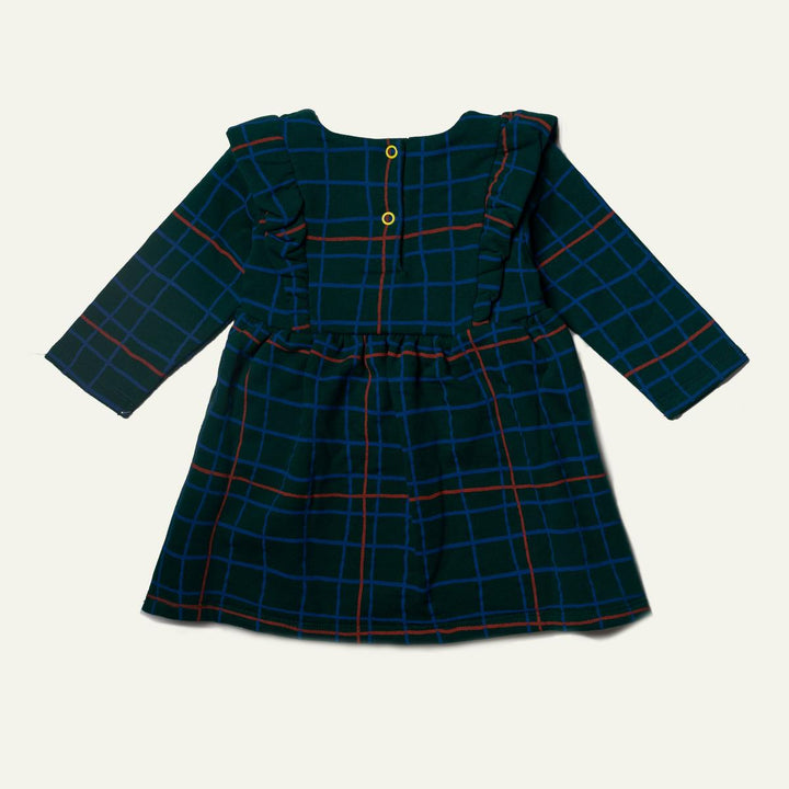 Recycled Cotton Grid Baby Ruffle Dress - Pine Green Multi