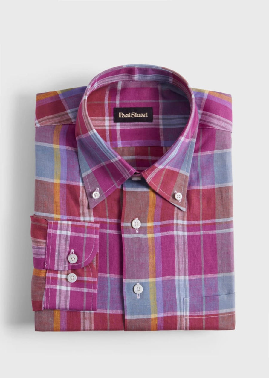 Oversized Plaid Linen Sport Shirt - Magenta - Collared Shirt