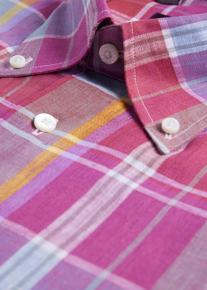Oversized Plaid Linen Sport Shirt - Magenta - Collared Shirt