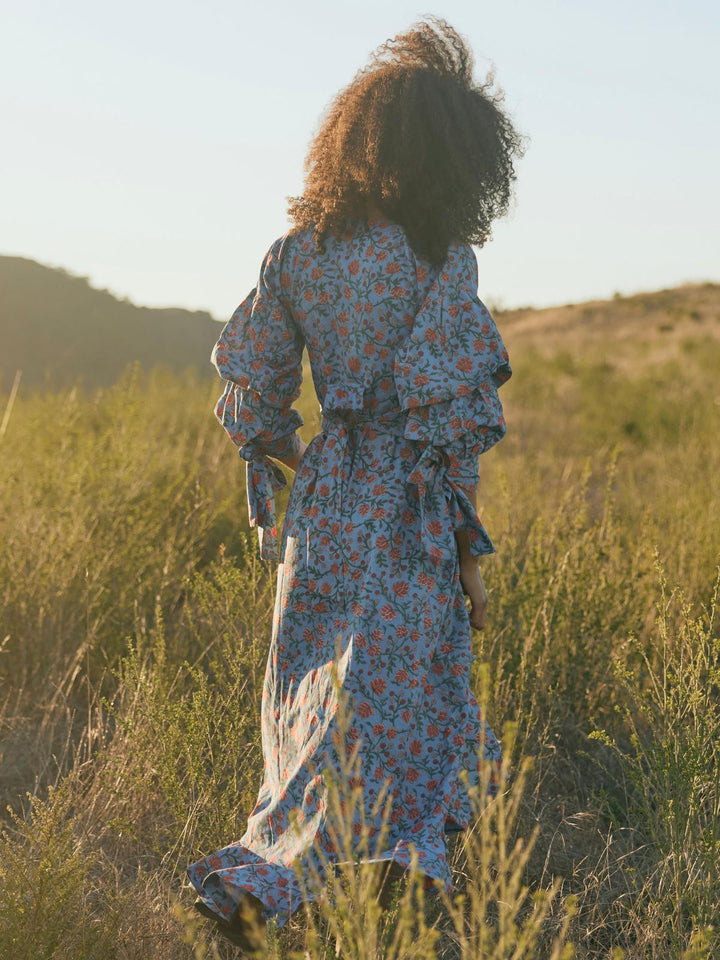 Ellen Ruffled Wrap Dress - French Blue/Punch Bouquet Floral