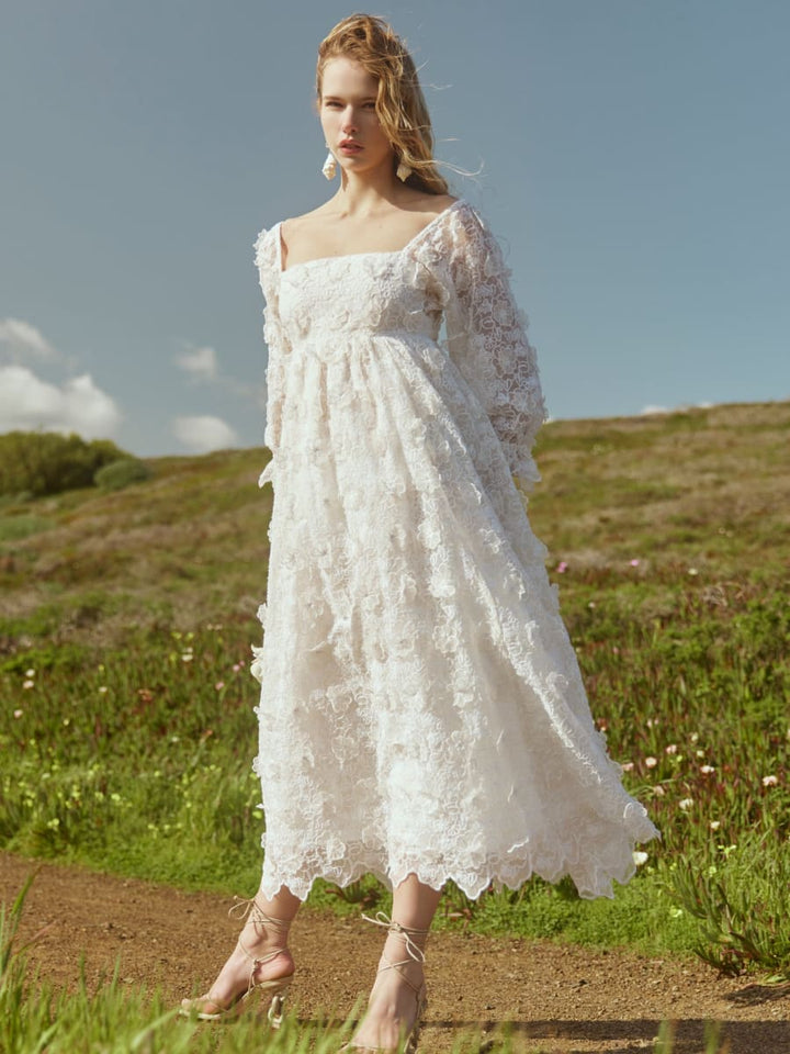 Jocelyn Puff Sleeve Midi Dress - Vivid Floral Lace