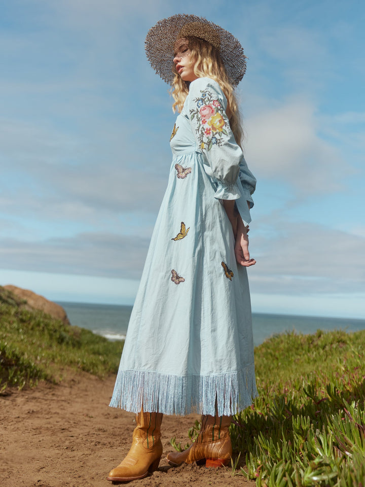 Jocelyn Puff Sleeve Fringe Dress - Light Prussian Blue/Multicolor Butterfly Embroidery