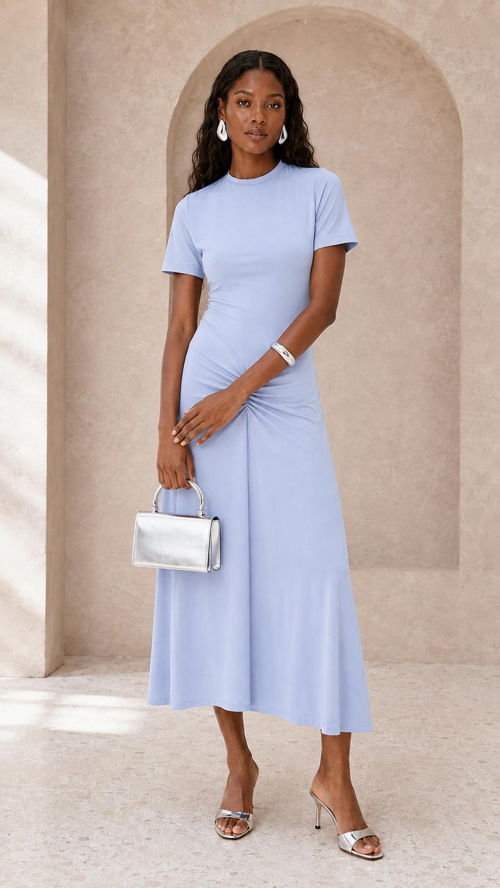 Gathered Waist T-Shirt Midi Dress - Delphinium Blue