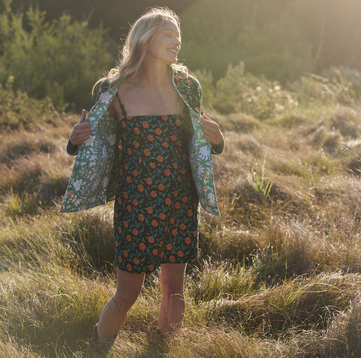 Nancy Reversible Quilted Jacket - Fern/Ivory Floral & Faded Black/Bright Clementine/Moss Floral Prints
