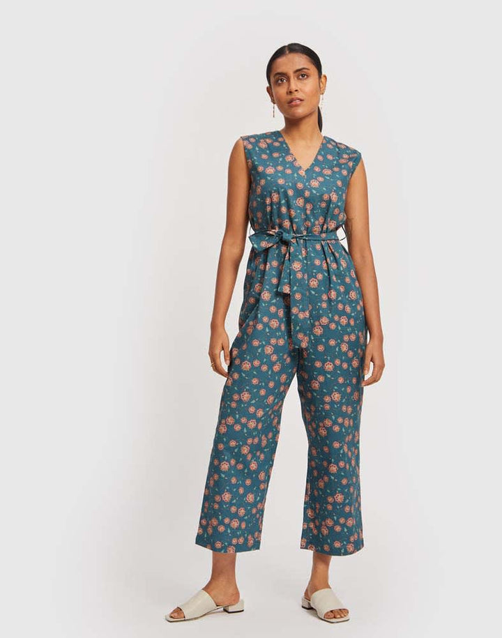 Sleeveless Belted Jumpsuit - Dark Green