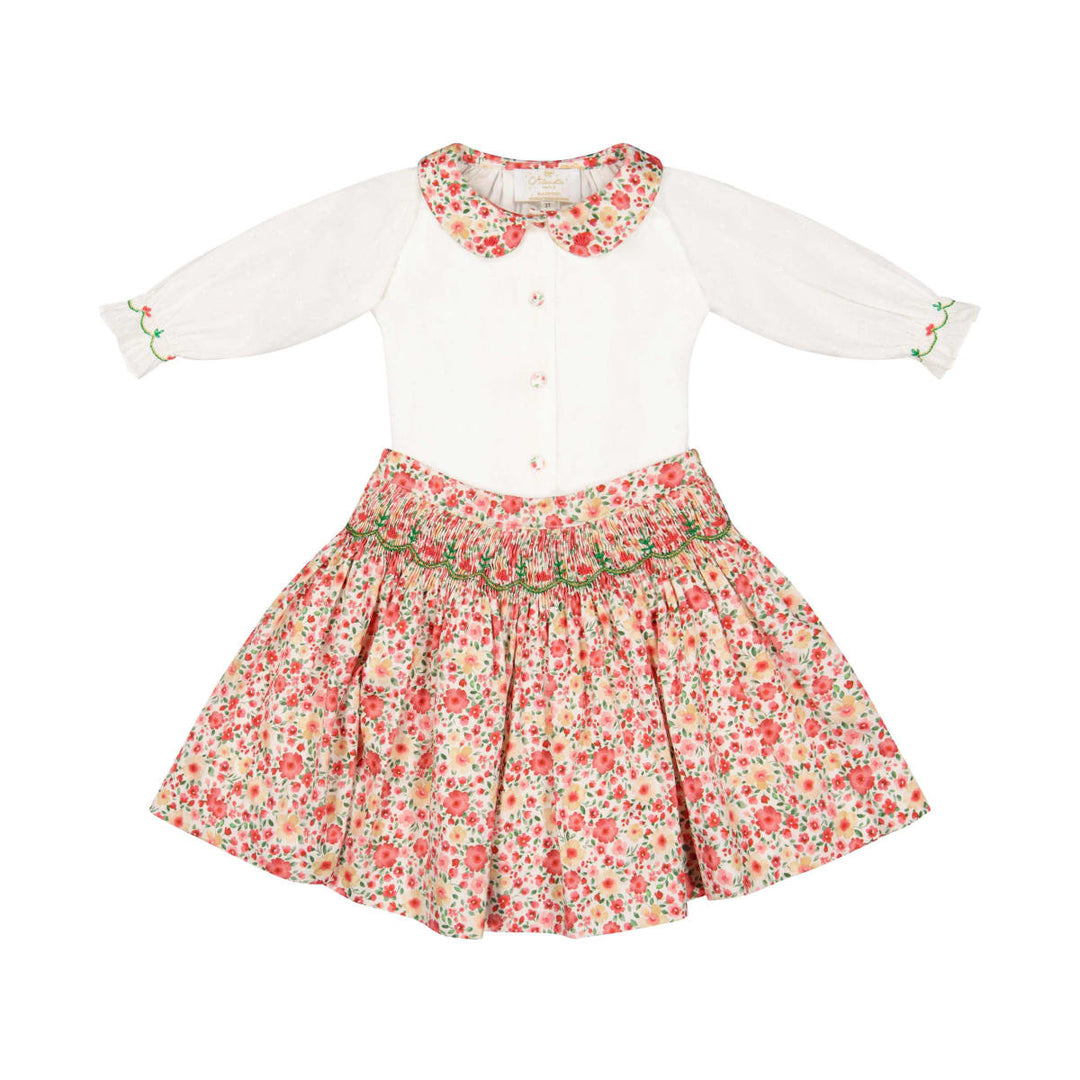 Marie Smocked Skirt And Blouse Set - Red/Floral/White